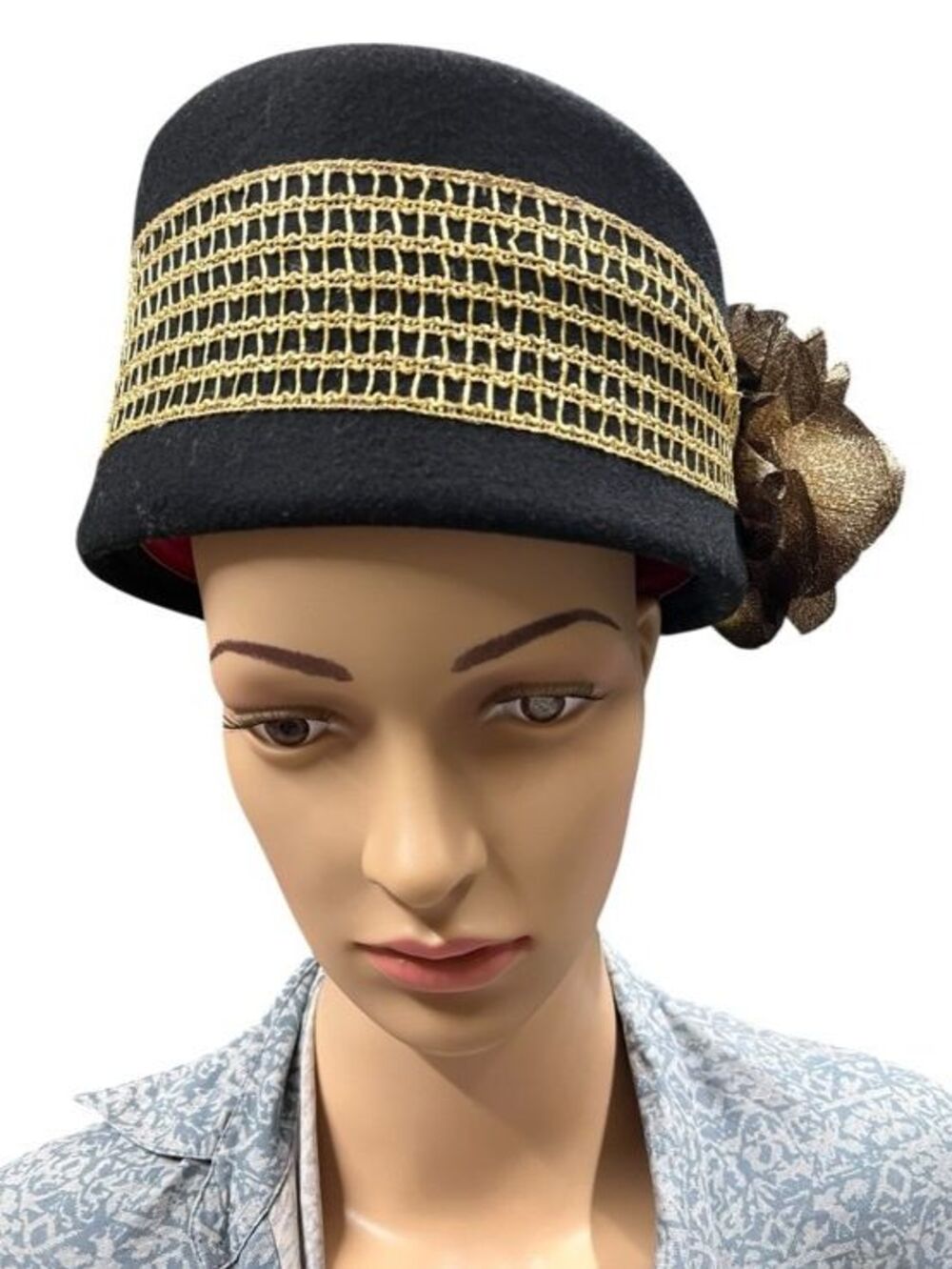 Vintage Women's Michael Howard Black Wool Hat Gold Trim Accent Flower Retro